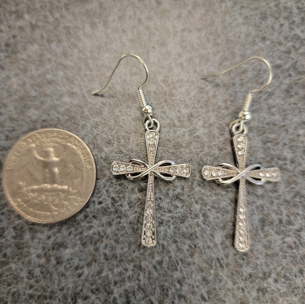 Rhinestone Infinity Cross Dangle Earrings - Picture 2 of 2